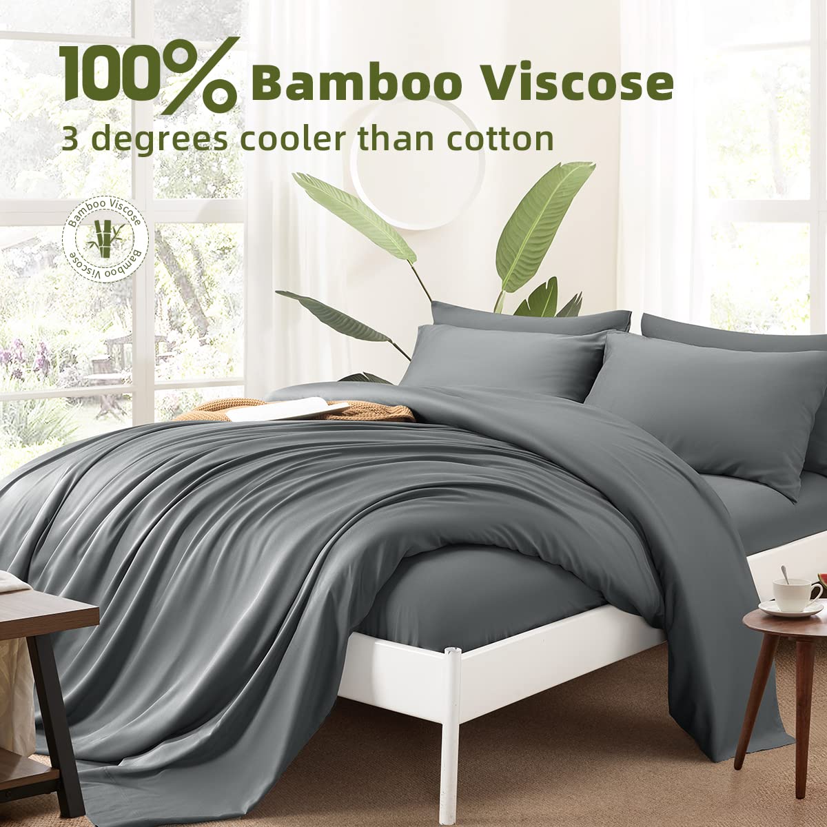 Shilucheng Cool 6Pc 100% Bamboo_ King Size Bed Sheets Set 1800 Thread Count 16 Inch Deep Pockets Eco Friendly Soft Comforterble Wrinkle Fade And Hypoallergenic (King,Dark Grey)